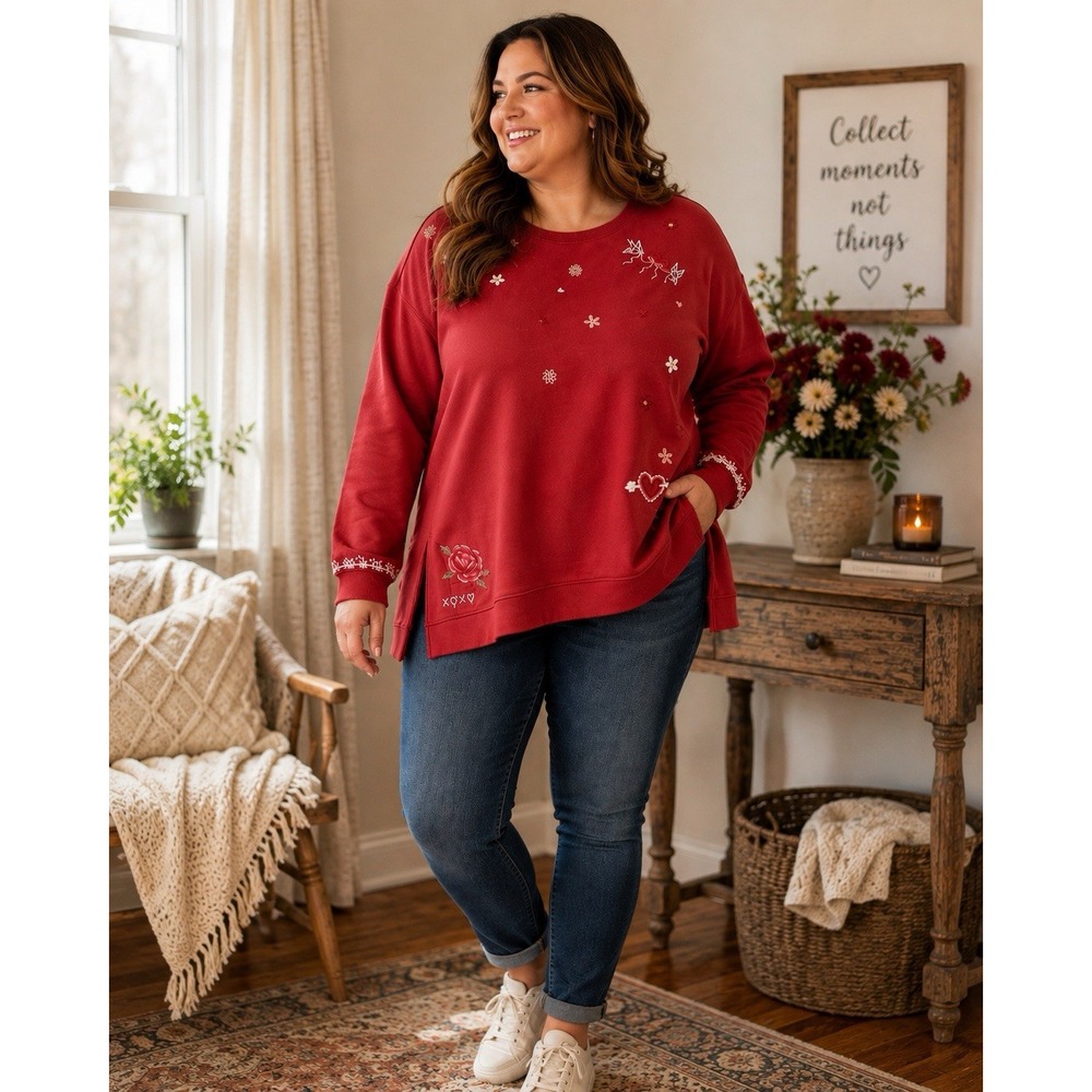 Driftwood Women 3X Red Embroidered Floral Heart Sweatshirt Plus NWT Relaxed Slit